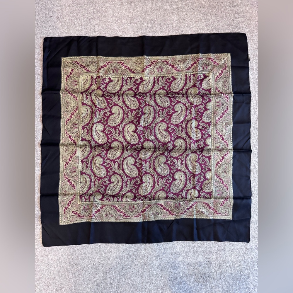 Hilditch & Key Silk Paisley Square Scarf in Black and Burgundy with Gold Detail